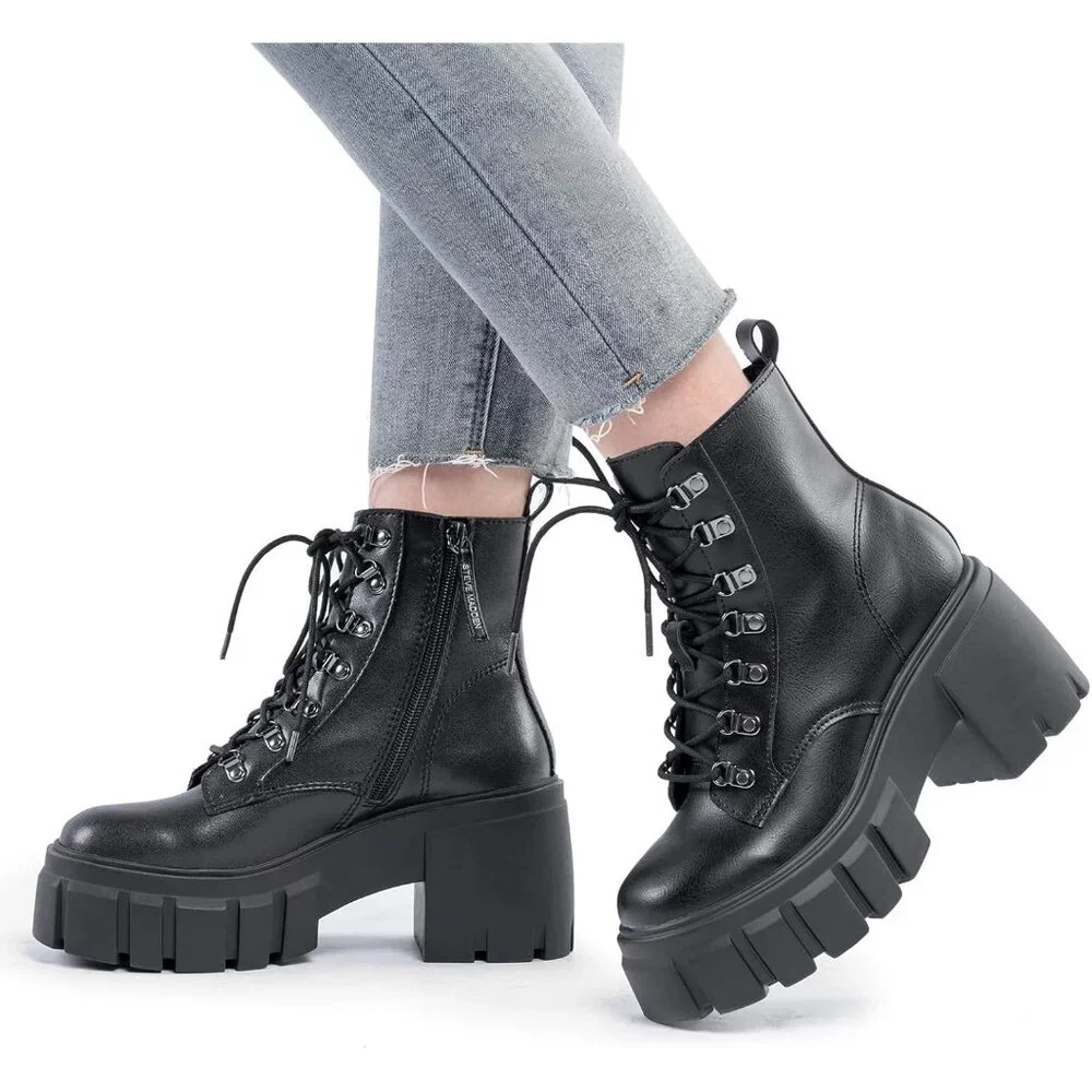 Women’s Combat Black Lace up Side Zipper High Heel Chunky Ankle Lug Sole Booties - Picture 6 of 6